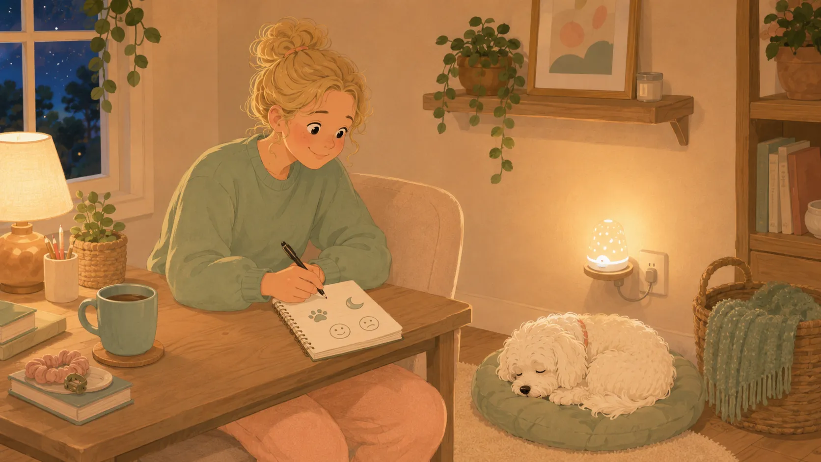Illustration: the honest one-month trial — a nightly doodle log while the diffuser glows and the dog sleeps