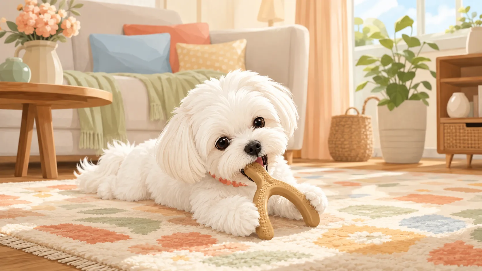 Illustration: a small fluffy white Maltese in a coral collar lying on a living-room rug, pinning the curved tan wishbone chew between both front paws and gnawing the end, looking thoroughly content