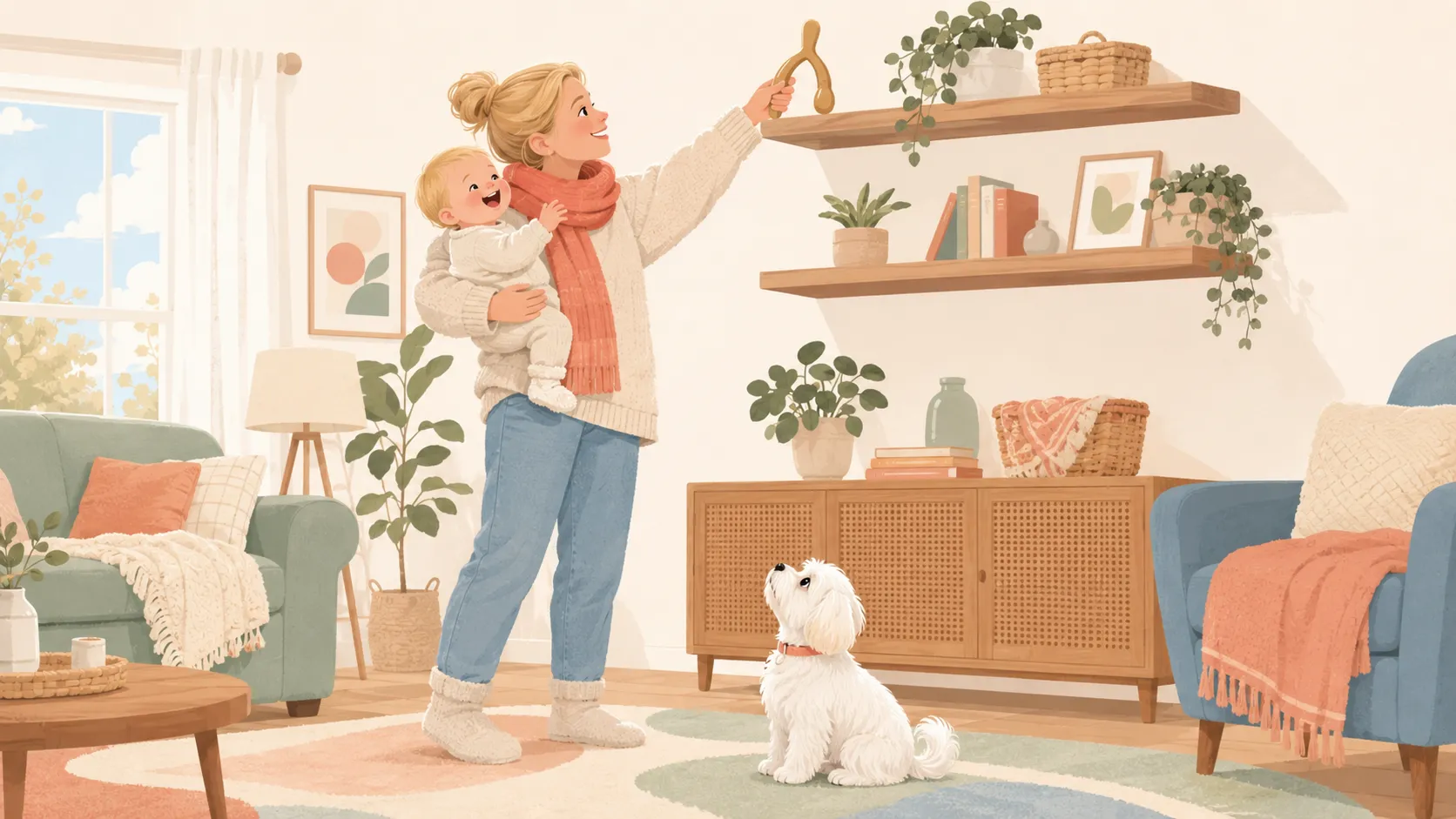 Illustration: a parent holding a happy blonde baby on one hip reaches up to set the tan wishbone chew on a high shelf, out of reach, while the white Maltese waits below on the rug