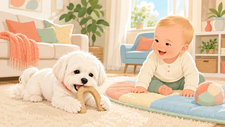 Editorial illustration of a small fluffy white Maltese in a tiny coral collar lying on a living-room rug pinning a curved tan wishbone-shaped chew between its paws, while a happy blonde baby watches from a nearby playmat