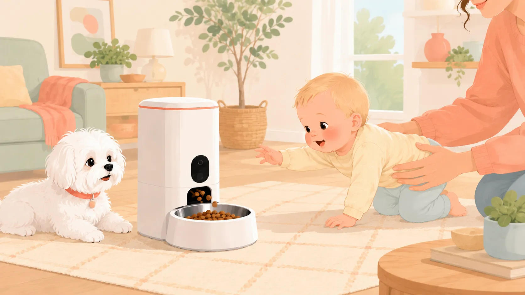 Illustration: a crawling baby reaching toward a floor feeder as a parent steers them back, the white Maltese watching
