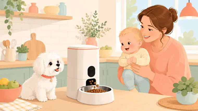 Editorial illustration of a white Maltese beside an automatic dog feeder while a parent holds a baby in a kitchen
