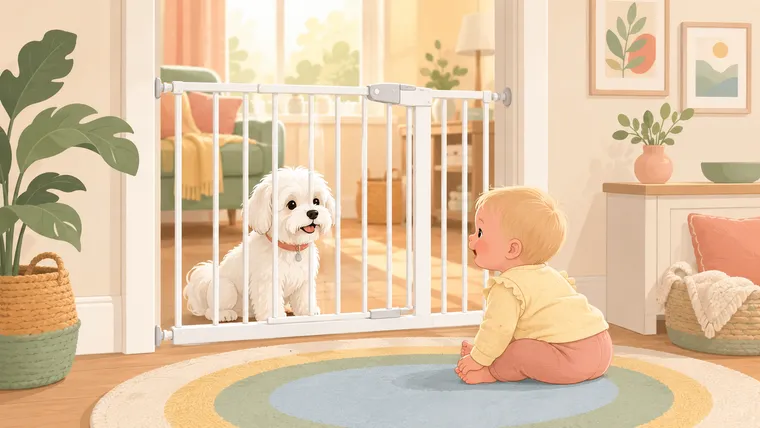 Illustration of a white Maltese dog and a blonde baby looking at each other through a walk-through baby gate in a cozy hallway