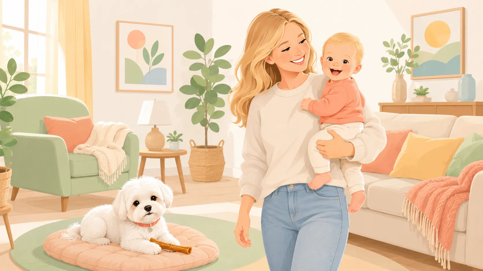 Illustration: a parent holds a happy blonde baby on one hip while the small white Maltese in a coral collar settles onto a floor mat with a bully stick, calm returning to a sunlit living room