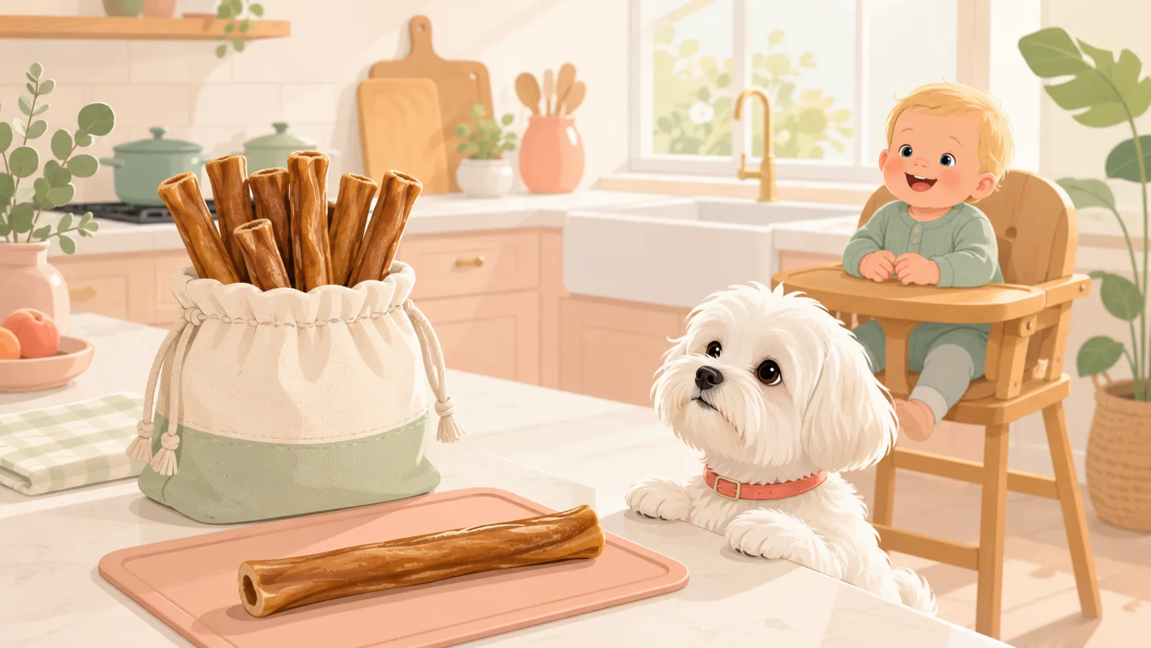 Illustration: a tidy 20-count bag of bully sticks on a kitchen counter with one stick set on a clean wipeable mat, the white Maltese looking up hopefully and a baby in a high chair in the warm sunlit background