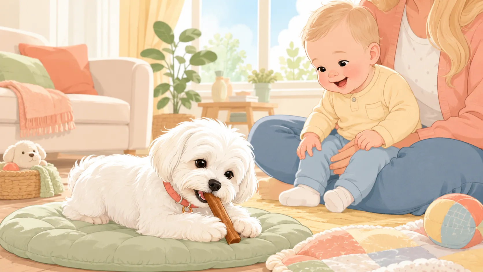 Editorial illustration of a small fluffy white Maltese in a tiny coral collar settled on a cozy floor mat happily chewing a bully stick, while a happy blonde baby watches from a parent lap nearby in a sunlit living room