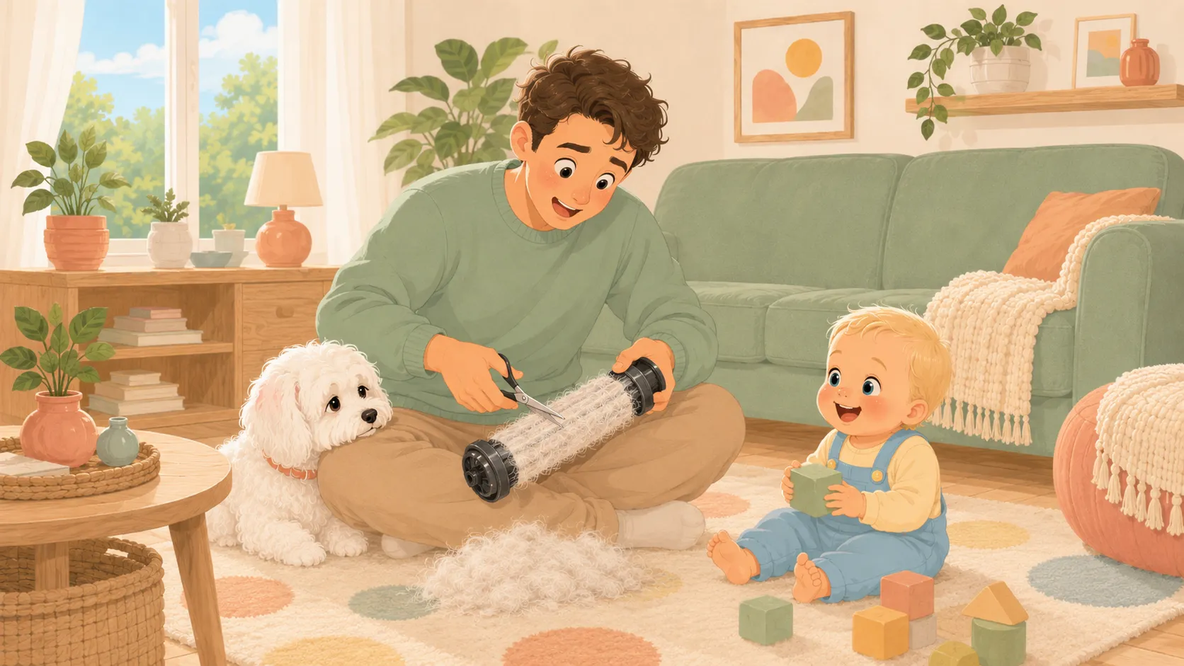 Illustration: the weekly ritual — trimming wrapped fur off the roller while the culprit rests an apologetic chin on your knee
