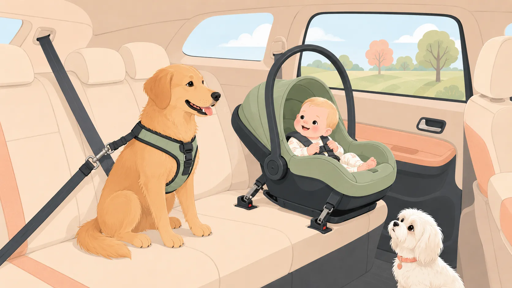 Illustration: a medium dog buckled into a low-profile crash harness in the back seat beside a rear-facing infant car seat, the seatbelt clipped to the harness while the baby seat keeps its own anchors, a small white Maltese watching from the floor