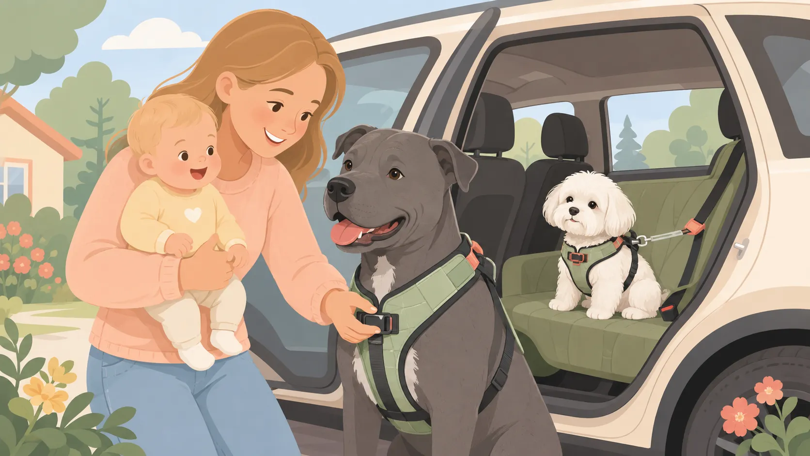 Illustration: a parent holding a baby in one arm carefully tightening a deep-chested dog's car harness in an open back-seat door before a drive, a small white Maltese already buckled in nearby