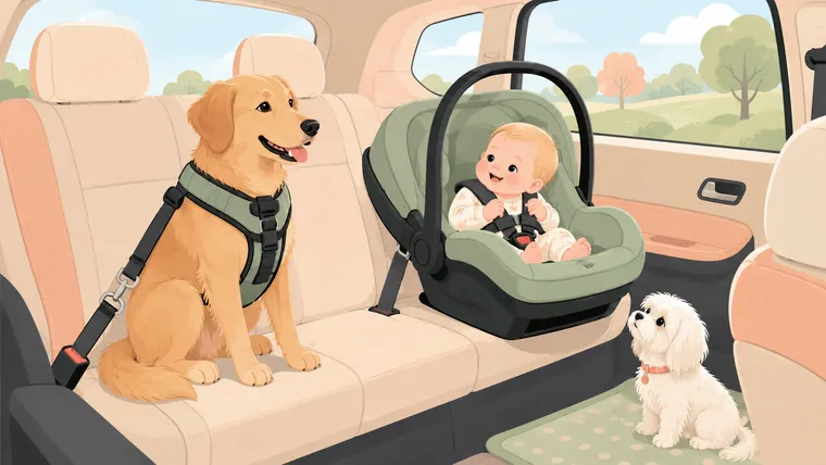 Illustration of a larger dog buckled into a crash-tested car harness in the back seat beside a rear-facing infant car seat, with a small white Maltese watching, in a warm flat vector style