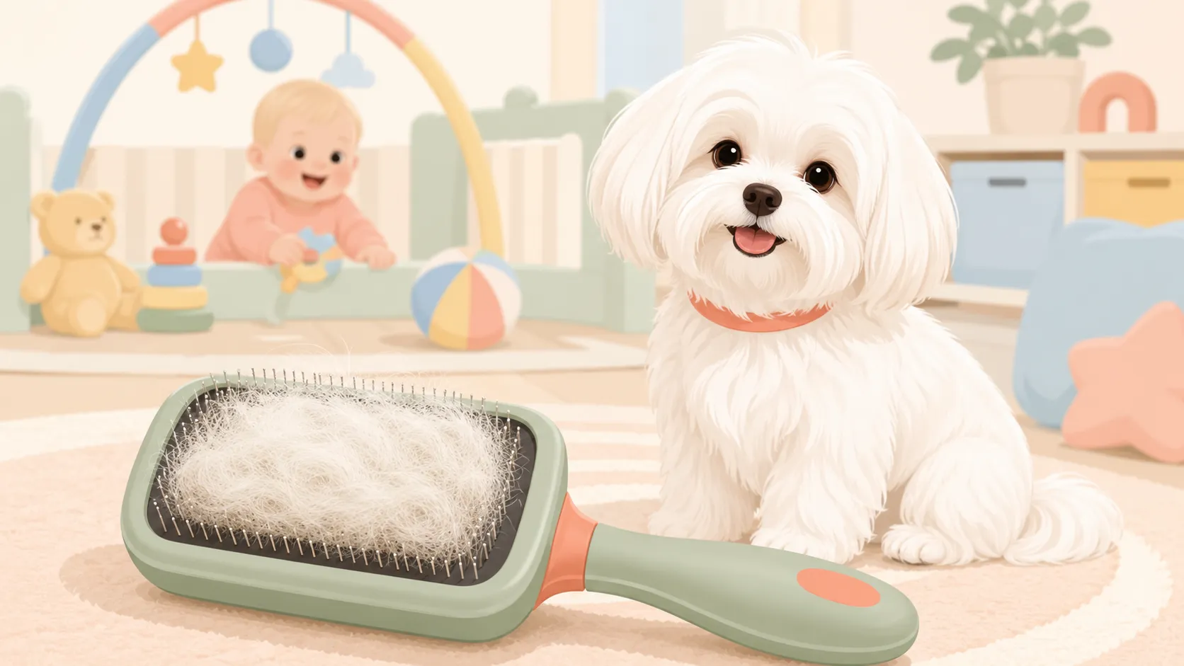 Illustration: a deshedding brush full of collected white fur beside a relieved freshly-brushed Maltese