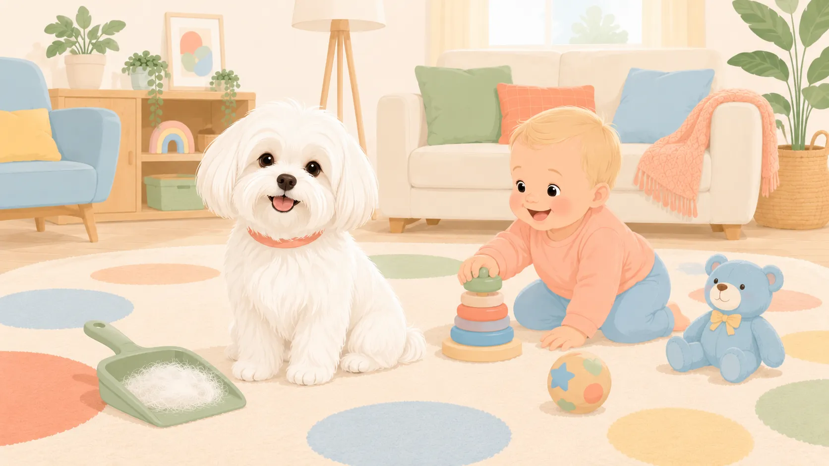 Illustration: the white Maltese looking sleek with removed fur in a dustpan and a baby on a clean rug