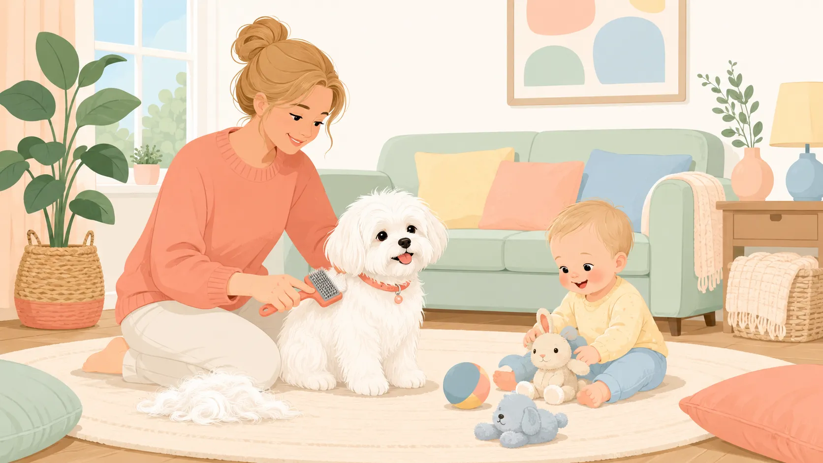 Editorial illustration of a parent brushing a white Maltese with a deshedding tool while a baby plays nearby