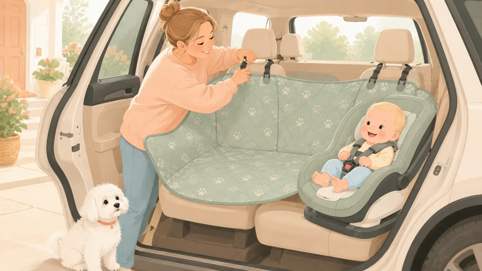 Illustration: a parent installing a hammock seat cover in a car back seat while the white Maltese waits by the door
