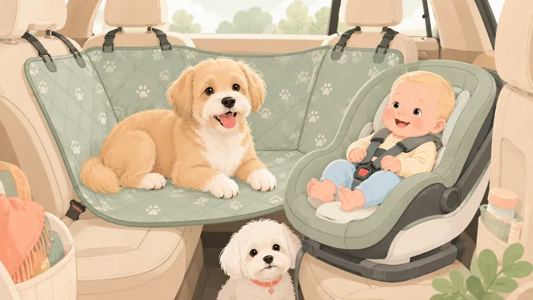 Editorial illustration of a dog on a back-seat hammock cover beside a baby in a car seat