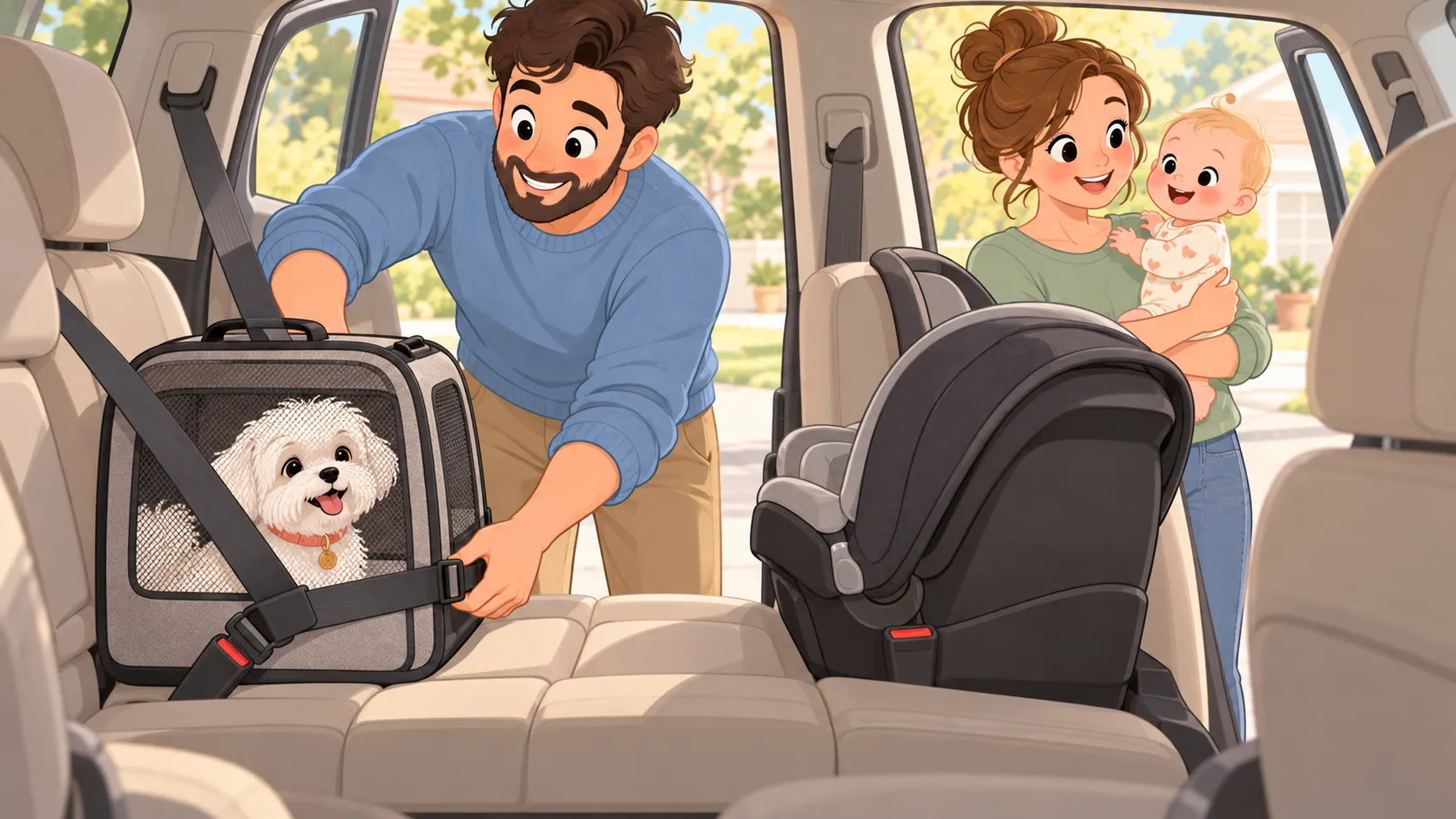 A closed small-dog carrier is belted on one side of the rear bench while the infant seat remains clear on the other