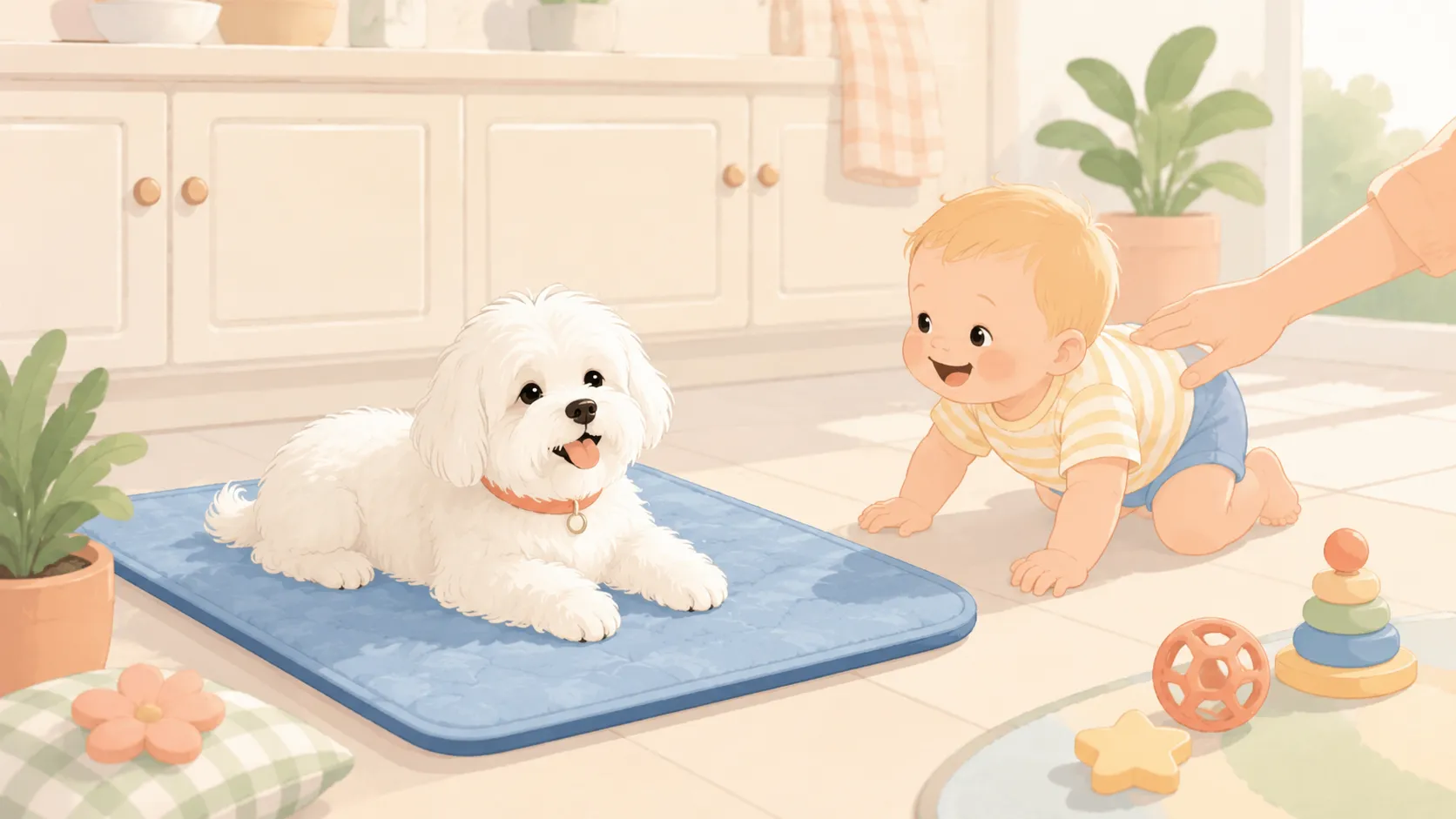 Illustration: the white Maltese sprawled belly-down on a cooling mat on the kitchen floor while a baby crawls toward a corner of the mat, with a watchful parent's hand reaching in