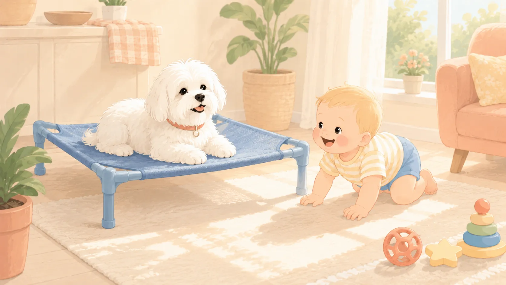 Illustration: the white Maltese resting up on an elevated mesh cot looking calm and a little smug, while a baby crawls on the floor below, a sunbeam coming through the window