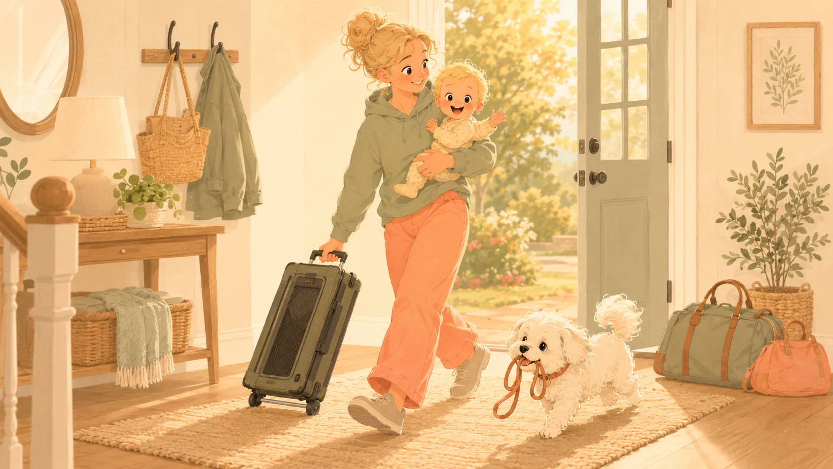 Illustration: the premium crate rolls like a suitcase out the door, the dog carrying its own leash
