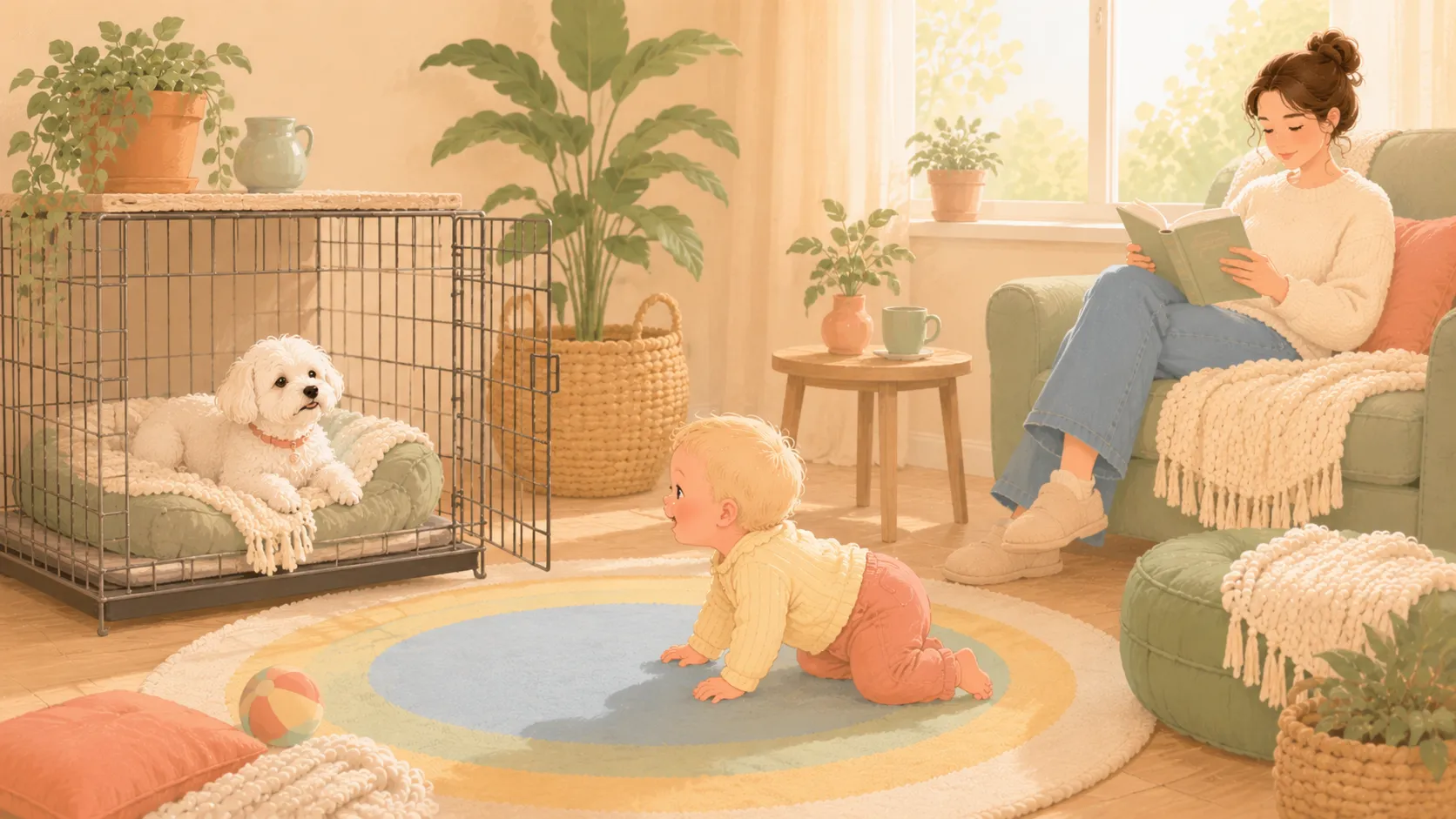 Illustration of a Maltese resting contentedly in an open wire crate while a baby crawls past at a safe distance