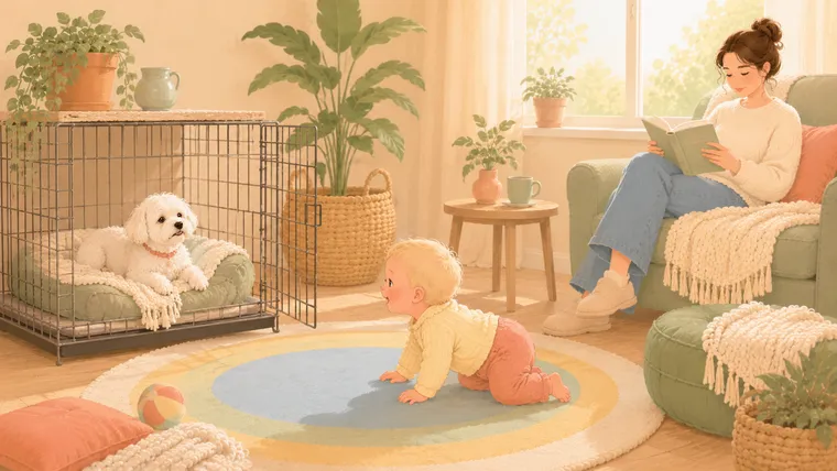 Illustration of a Maltese resting contentedly in an open wire crate while a baby crawls past at a safe distance