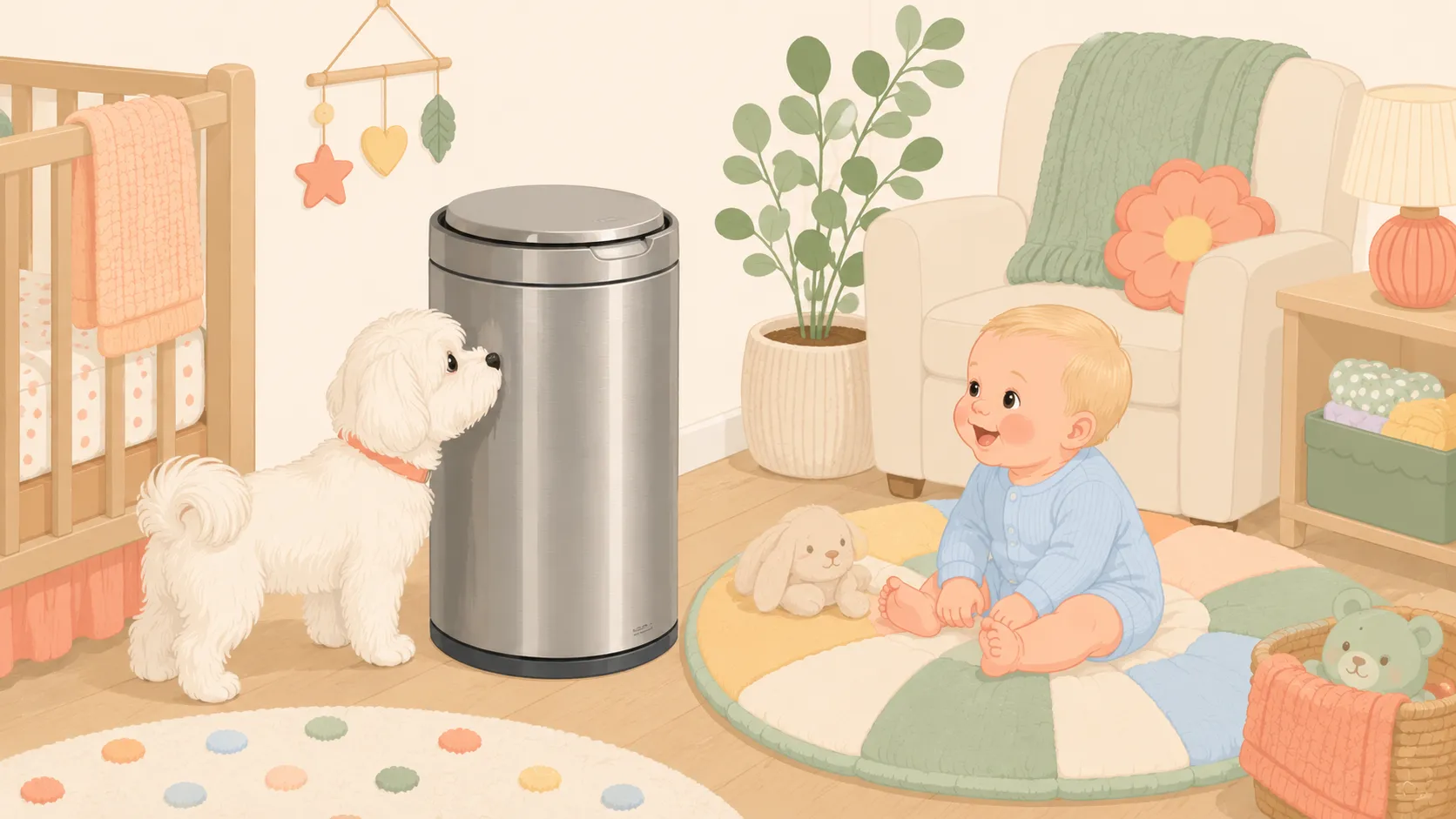Illustration: a curious white Maltese noses at the locked sliding lid of a tall steel diaper pail and can't open it, while a blonde baby watches from a play mat