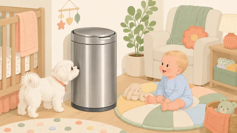 Illustration of a white Maltese dog sniffing curiously at a closed steel diaper pail while a blonde baby plays nearby in a cozy nursery
