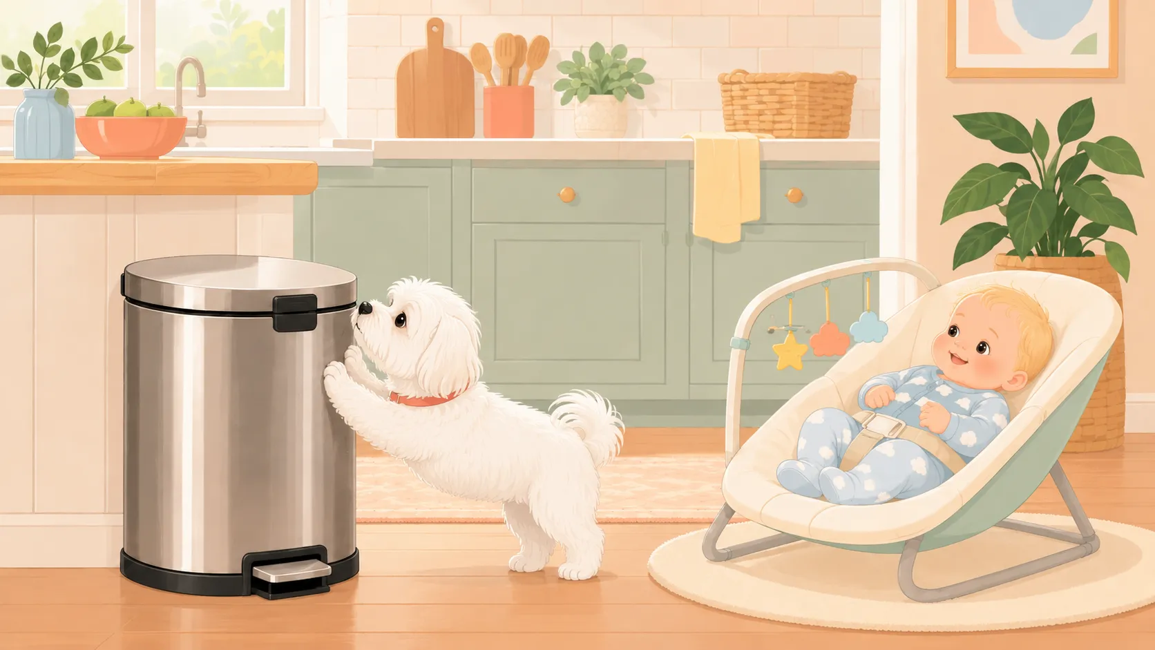 Illustration: the white Maltese nudging a closed locked step trash can lid while a baby watches from a bouncer