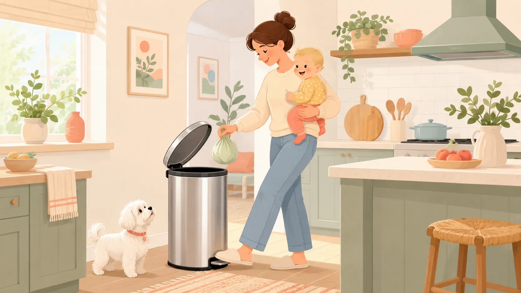 Illustration: a parent stepping on a trash can pedal while holding a baby, the white Maltese watching