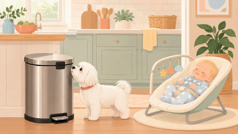 Editorial illustration of a white Maltese sniffing a locked step trash can while a baby naps in a bouncer