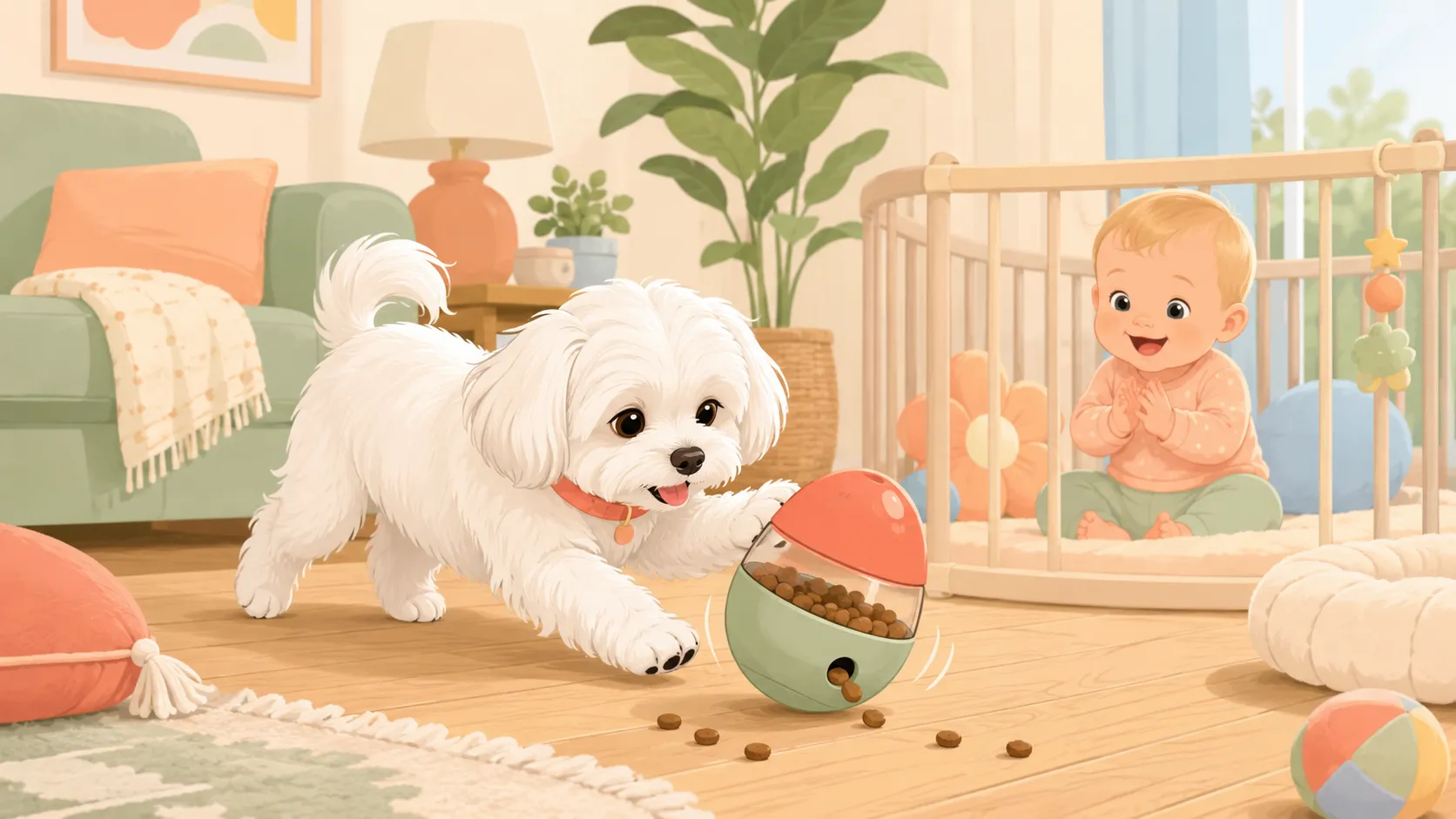 Illustration: a fluffy white Maltese paws a wobbling treat dispenser across the hardwood floor, kibble scattering, while the baby watches delighted from a nearby playpen