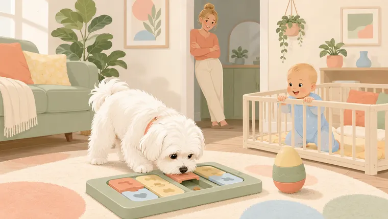 Illustration of a Maltese nosing open a sliding puzzle feeder compartment while the baby watches fascinated from a play yard