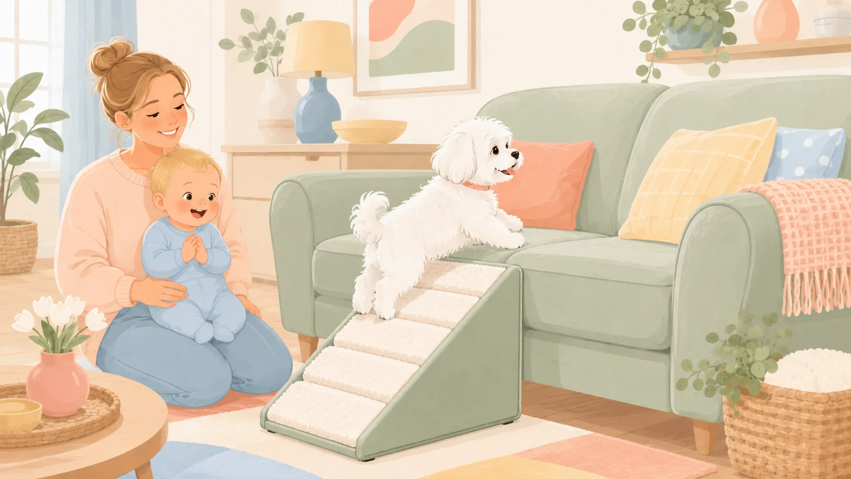 Illustration: the white Maltese walking up a carpeted pet ramp onto a couch while a parent and baby watch