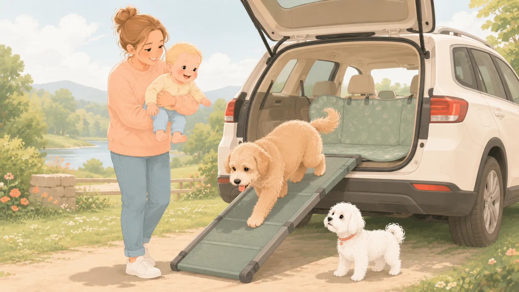Illustration: a dog using a folding ramp to step down from a car while the white Maltese supervises and a parent holds a baby