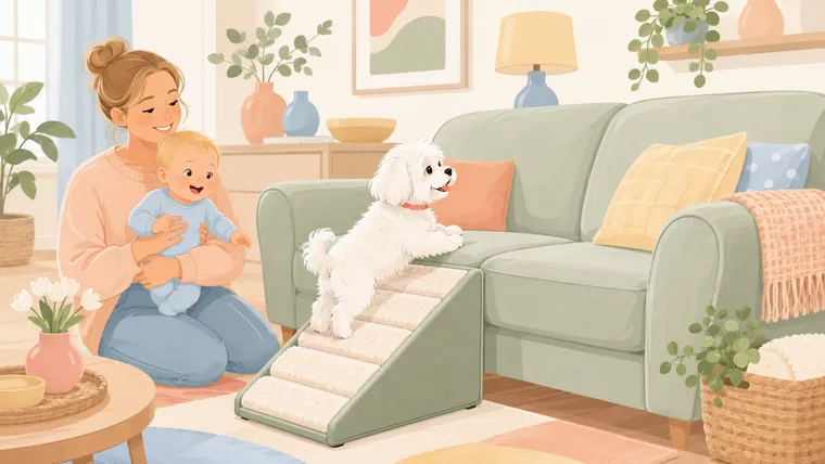 Editorial illustration of a white Maltese climbing a pet ramp onto a couch while a parent holds a baby