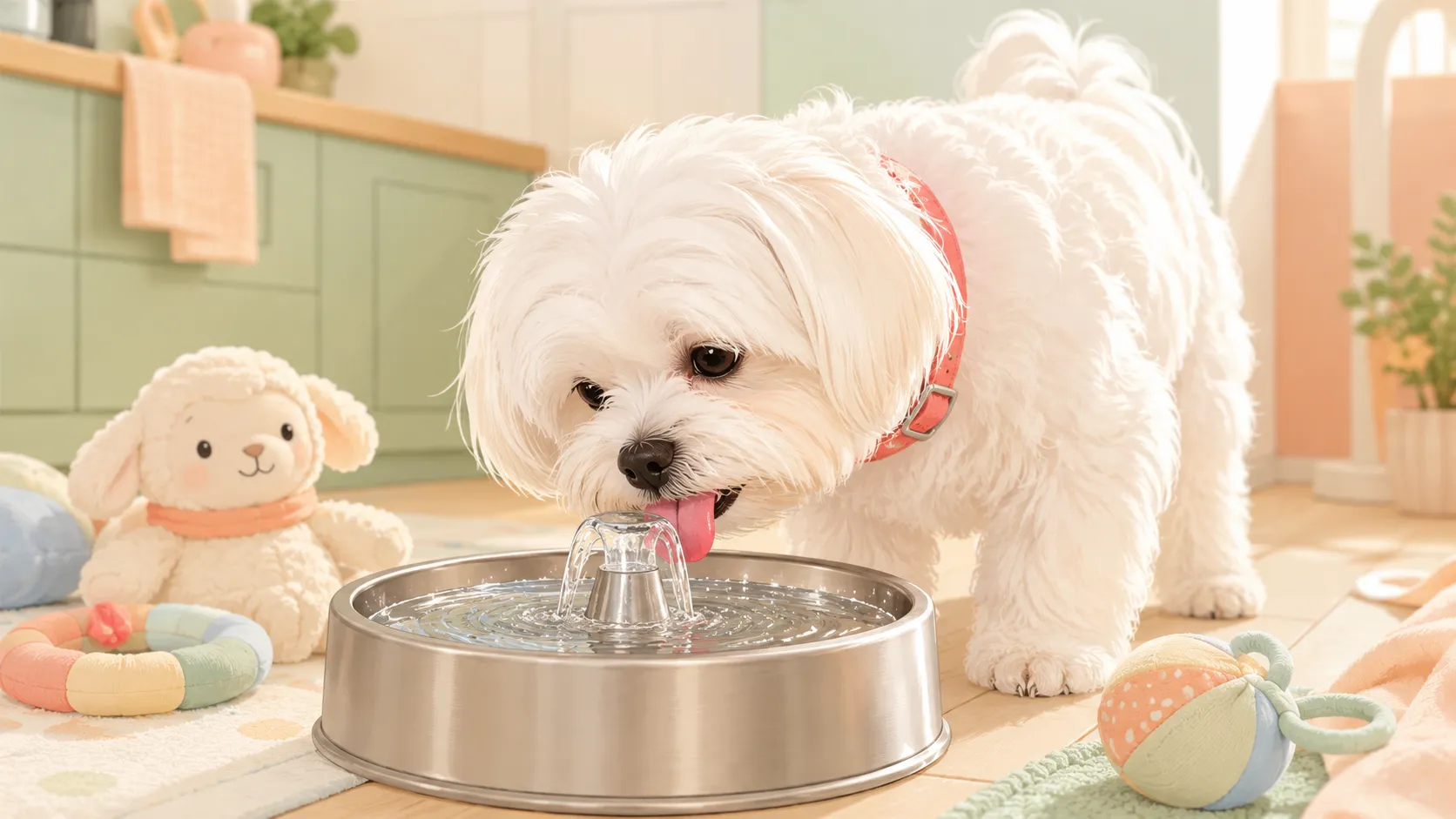 Illustration: a close-up of the white Maltese drinking from a flowing stainless pet water fountain