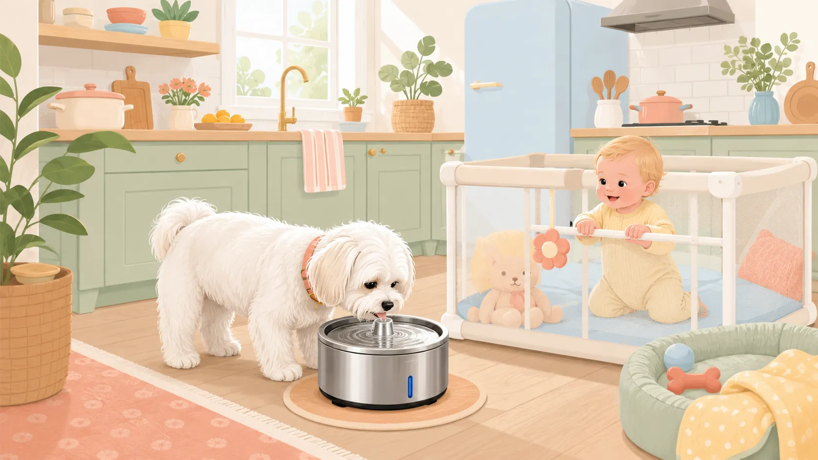 Editorial illustration of a white Maltese drinking from a stainless pet water fountain while a baby watches