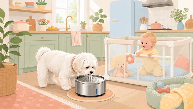 Editorial illustration of a white Maltese drinking from a stainless pet water fountain while a baby watches