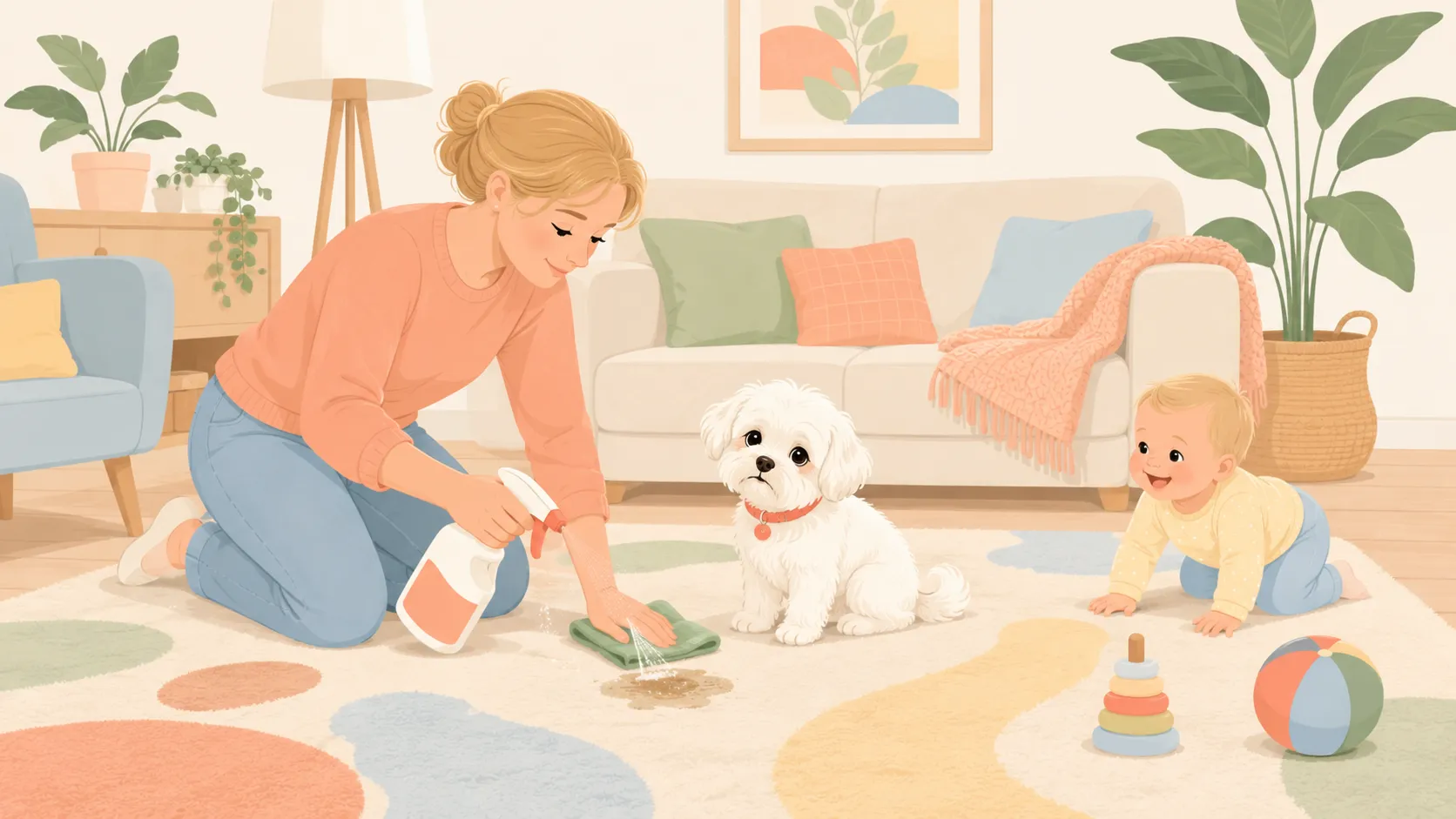 Illustration: a parent pre-treating a rug spot with an enzyme spray while a guilty white Maltese peeks and a baby crawls nearby