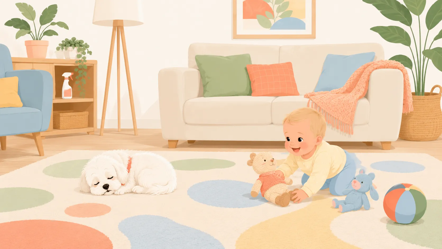 Illustration: a clean fresh living room after cleanup, the white Maltese curled up and a baby playing