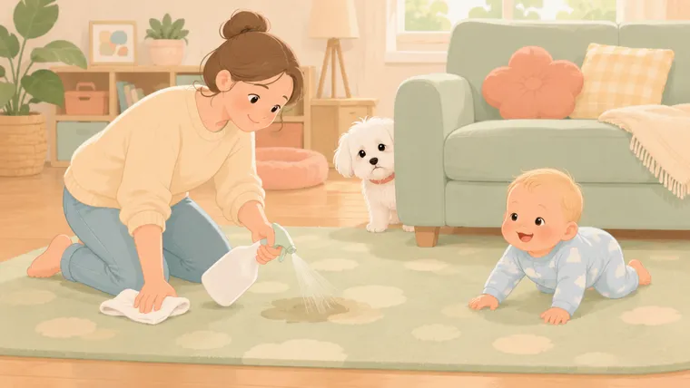 Editorial illustration of a parent spot-cleaning a rug while a guilty white Maltese peeks and a baby crawls nearby