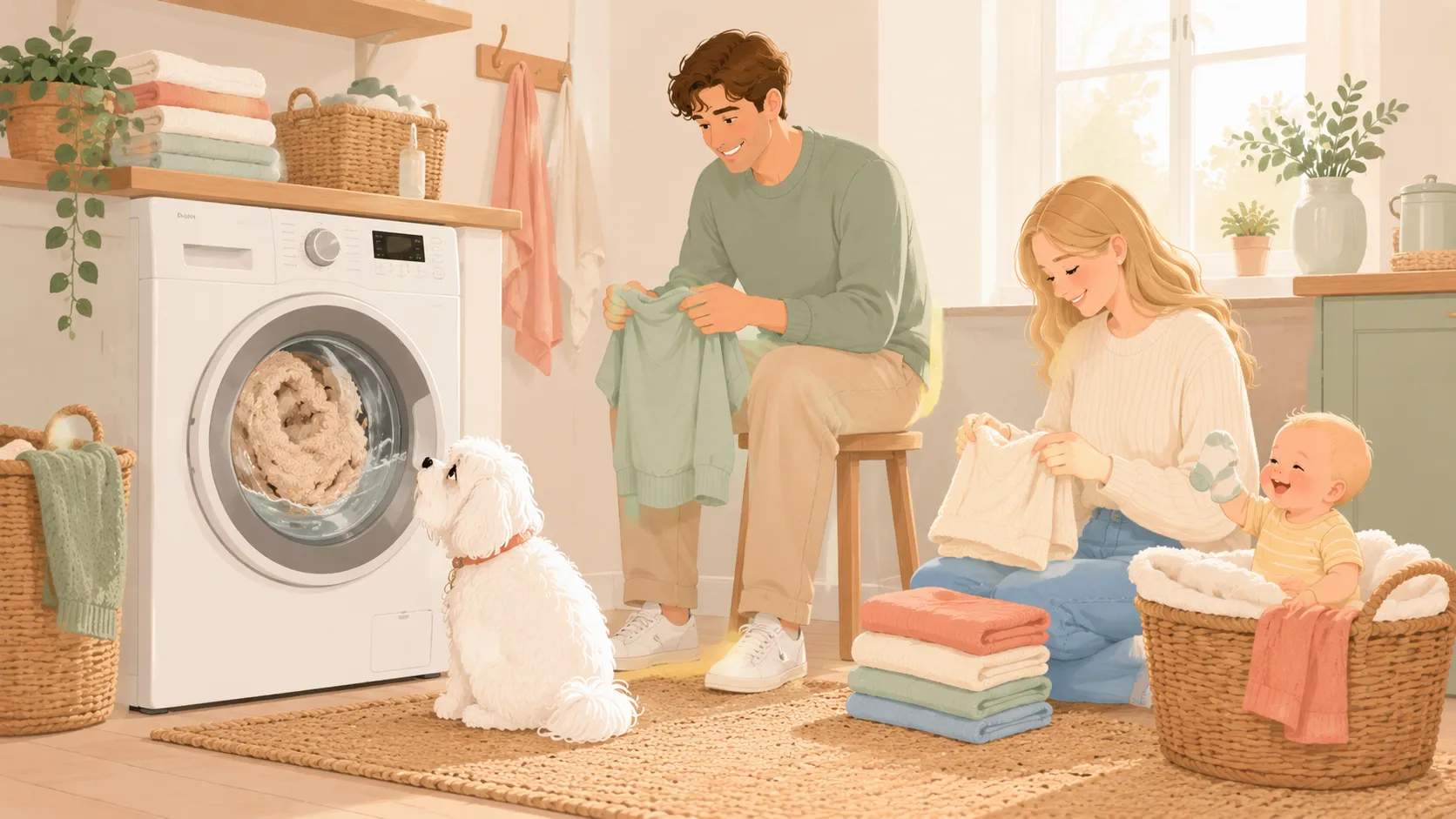 Illustration: a dog eyes the washing machine with a deeply betrayed expression while a plush cover tumbles inside