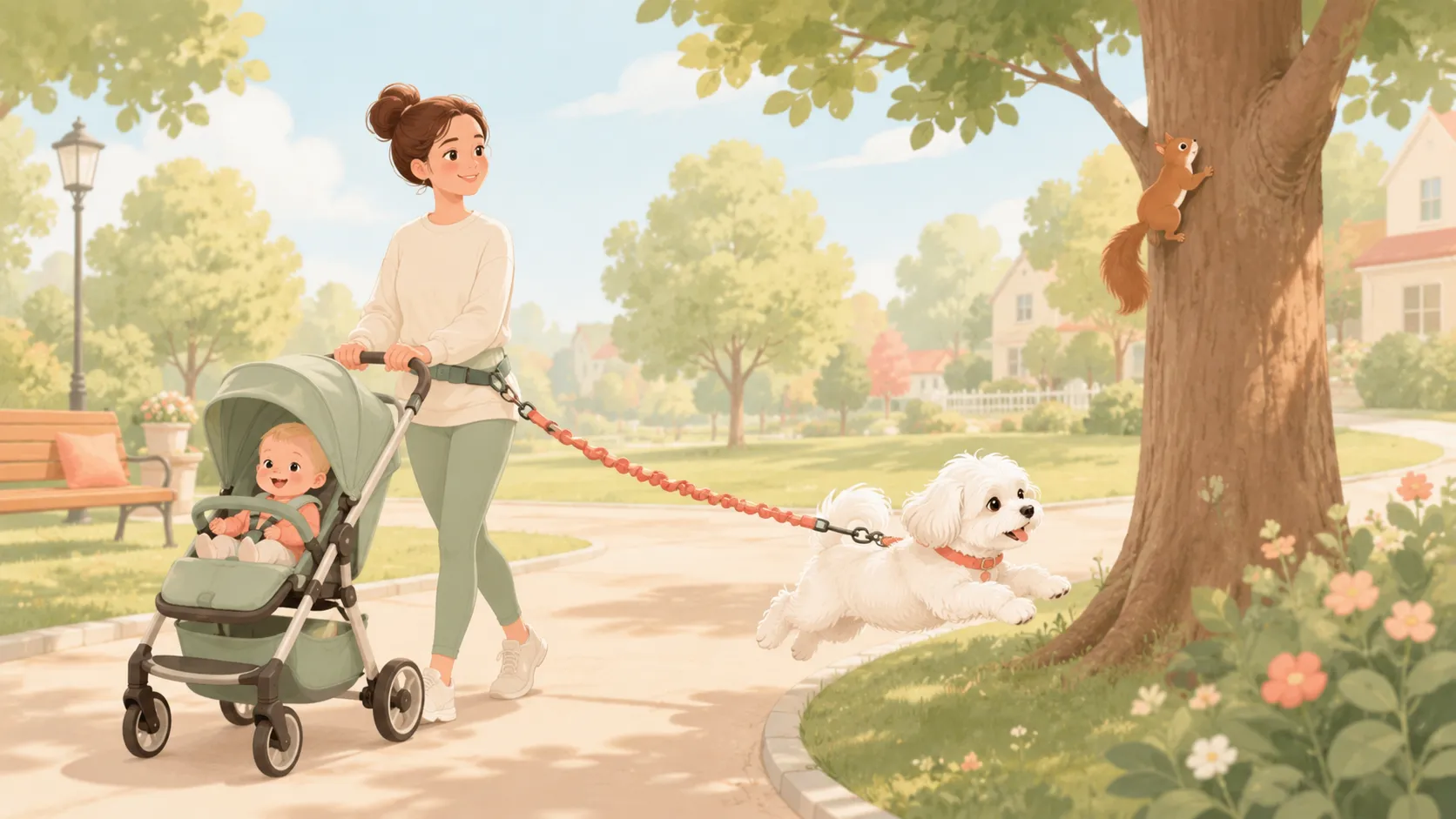 Illustration: a parent pushes a stroller calmly while the Maltese lunges at a squirrel up a tree and the stretchy bungee waist leash absorbs the pull, keeping the stroller level