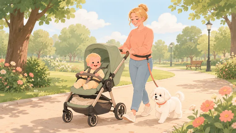 Illustration of a parent pushing a stroller with both hands while a Maltese trots beside the rear wheel on a waist-belt leash