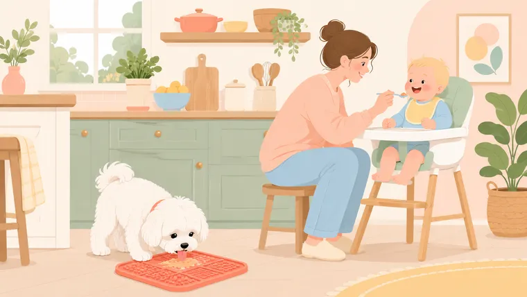 Editorial illustration of a white Maltese licking a lick mat while a parent feeds a baby in a high chair