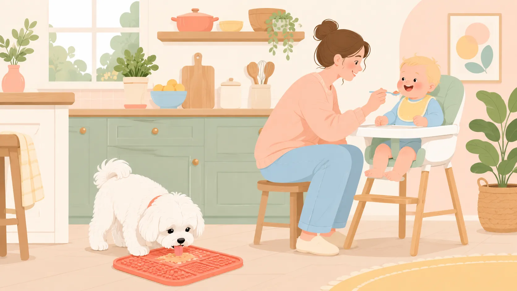 Editorial illustration of a white Maltese licking a lick mat while a parent feeds a baby in a high chair