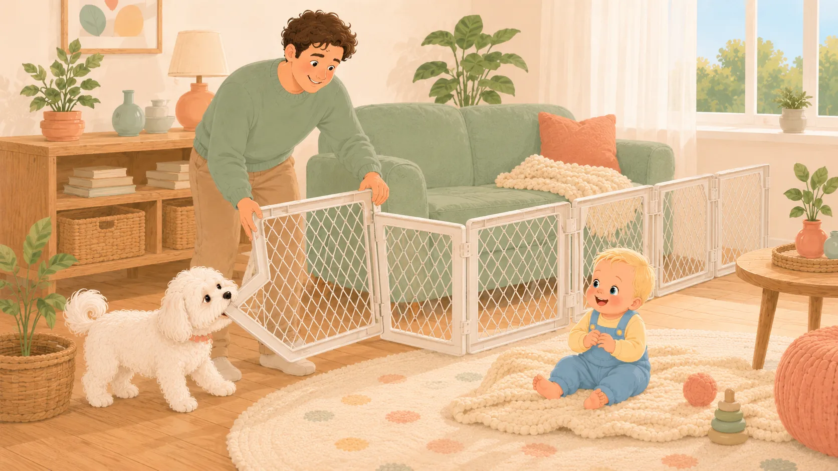 Illustration: the play yard mid-transformation from hexagon to room barrier, with the dog helpfully carrying a corner