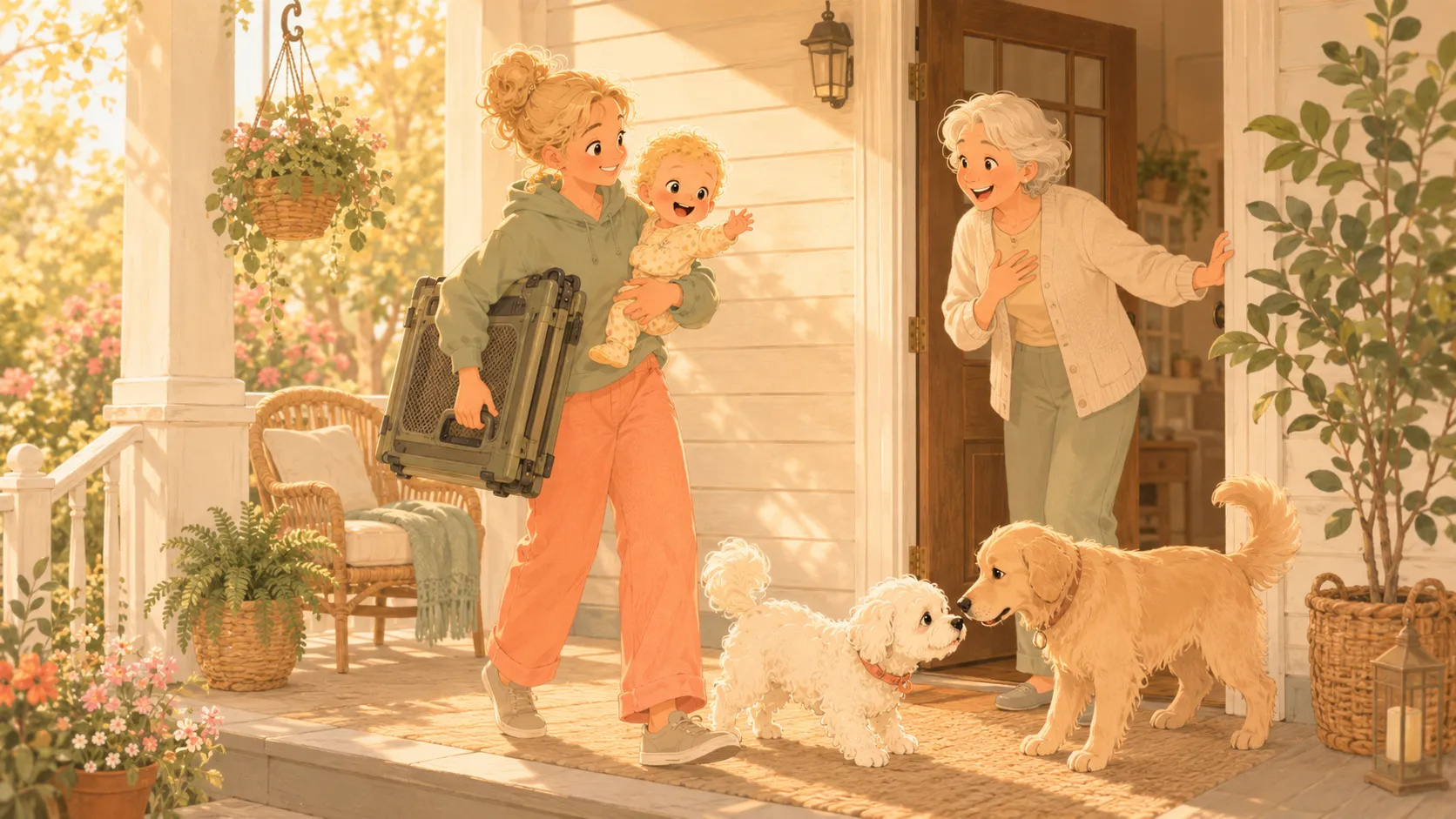 Illustration: the portable pen arrives folded under one arm at the grandparents' door