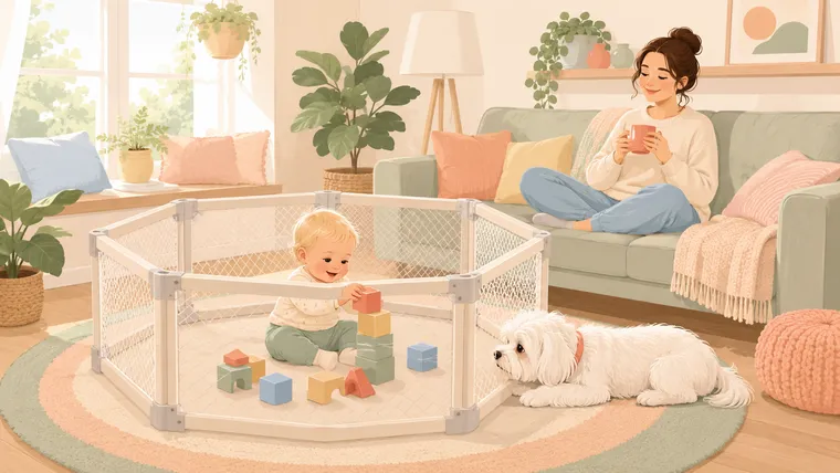 Illustration of a baby playing inside a hexagonal play yard while a Maltese lies just outside the panels watching fondly
