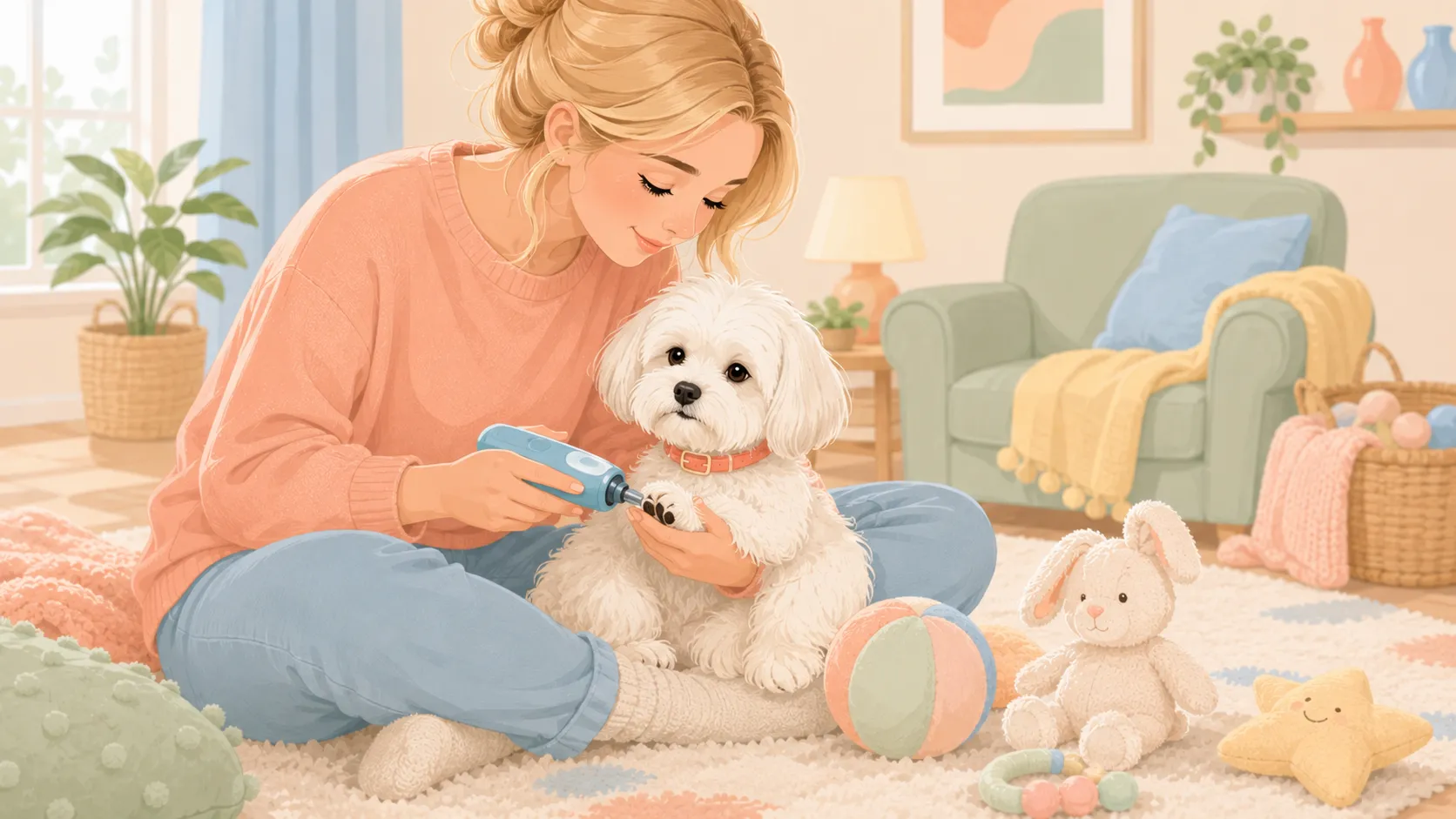 Illustration: a close-up of a parent using a quiet nail grinder on a calm white Maltese paw with baby toys nearby